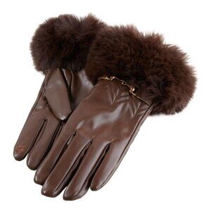 Vince Camuto Faux Fur Trimmed Faux Leather Gloves Size Small Buckle Detail Brown